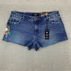 Ed Hardy Blue Denim Jean Shorts with Multicolor Graphic